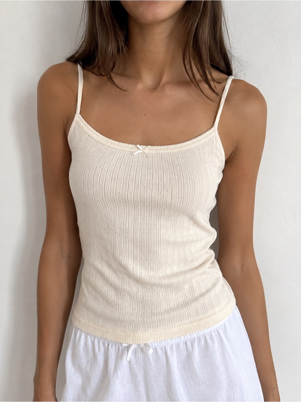 Brandy Melville Ivory Pointelle Cotton Bow Spaghetti Strap Tank Top